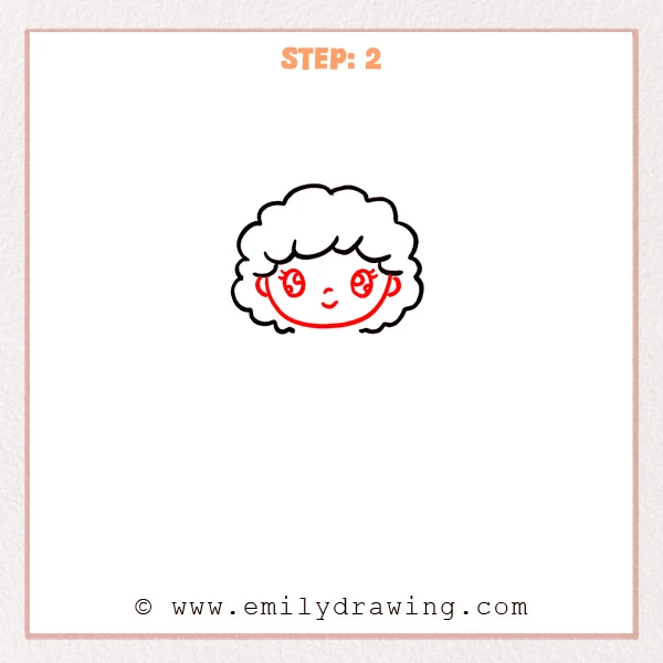 how to draw a cartoon angel - Cartoon angel head with fluffy curly hair, a rounded face, small ears, big sparkling eyes, a tiny nose, and a small smiling mouth.